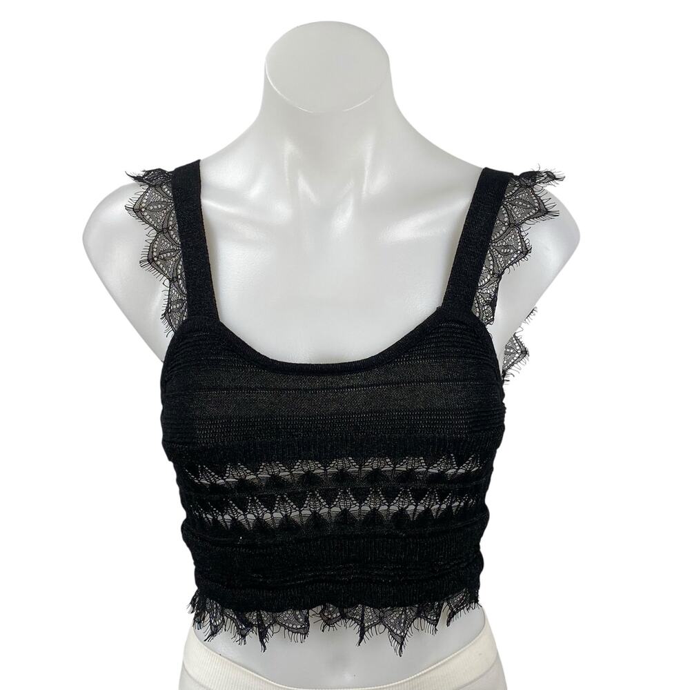 Zara Women's Black Floral Lace Fringe Knit Cami Camisole Tank Crop Top Size S